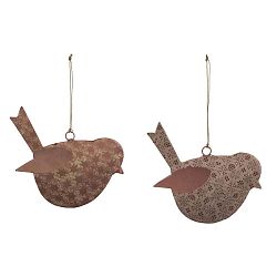 Sada 2 velkých růžových závěsných dekorací z posmaltovaného kovu s motivem ptáčka Ego Dekor, 14 x 11 cm