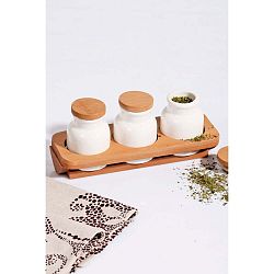 Sada 3 porcelánových dóz s bambusovým stojanem a víčky Kosova