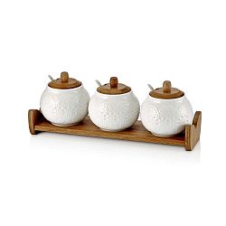 Sada 3 porcelánových dóz s dřevěným tácem a lžičkami Paul, 33 x 11 13 cm