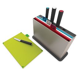 Sada šedého stojanu se 4 prkénky a noži Joseph Joseph Index, 30 x 20 cm