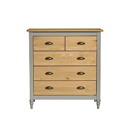 Šedá komoda z masivního borovicového dřeva s 5 zásuvkami Marckeric Iryna