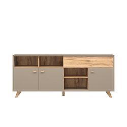 Šedá třídveřová komoda  se zásuvkou a detaily v dekoru dubového dřeva Germania Calvi