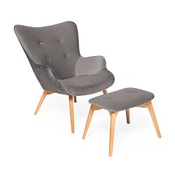 Šedé křeslo a podnožka s podnoží v přírodní barvě Vivonita Cora Velvet