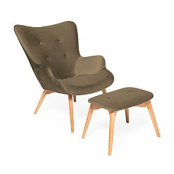 Šedohnědé křeslo a podnožka s podnoží v přírodní barvě Vivonita Cora Velvet