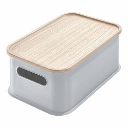 Šedý úložný box s víkem ze dřeva paulownia iDesign Eco Handled, 21,3 x 43 cm