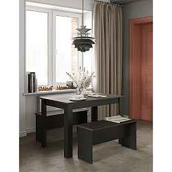 Set černého jídelního stolu a 2 lavic s deskou v dekoru betonu Symbiosis Nice