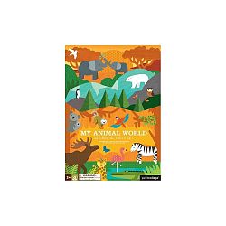Skládací deska se samolepkami z recyklovaného papíru a rostlinného inkoustu Petit collage Animal World