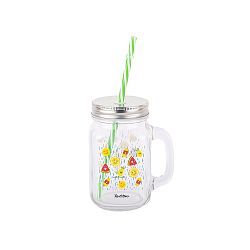 Skleněná mason jar s brčkem Tantitoni Happy Fruits, 475 ml