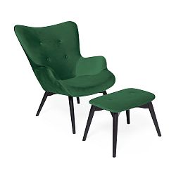 Smaragdově zelené křeslo a podnožka s podnoží v černé barvě Vivonita Cora Velvet