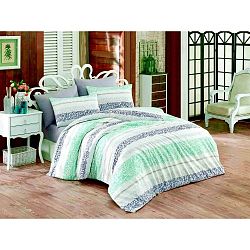 Světle zelené bavlněné povlečení s prostěradlem na dvoulůžko Tea, 200 x 220 cm