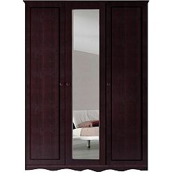 Tmavě hnědá třídveřová šatní skříň se zrcadlem z masivního borovicového dřeva Støraa Amanda