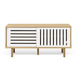 TV komoda v dekoru dubového dřeva s bílými detaily TemaHome Dann Stripes, délka 135 cm