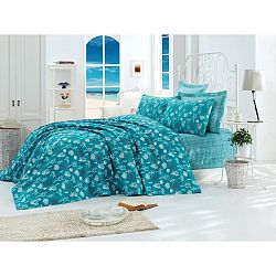 Tyrkysový bavlněný přehoz přes postel na dvoulůžko Single Pique Rasso, 200 x 235 cm