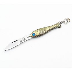 Vánoční český nožík rybička ve zlaté barvě s modrým okem v designu od Alexandry Dětinské