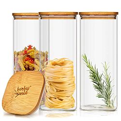 Klarstein Hranatá nádoba, bambusové víko, skladování potravin, vzduchotěsná, silikonové těsnění, 10 x 20,5 x 10 cm, 3 x 1500 ml