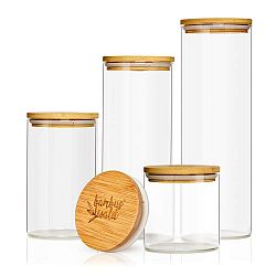 Klarstein Kulatá nádoba na skladování potravin s bambusovým víčkem, sada 4 ks, obsahuje: 600 ml, 1000 ml, 1500 ml, 1800 ml, sada 4 ks, obsahuje: 600 ml, 1000 ml, 1500 ml, 1800 ml