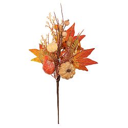 Podzimní umělá větev Dýně, listí a bobule oranžová, 35 cm