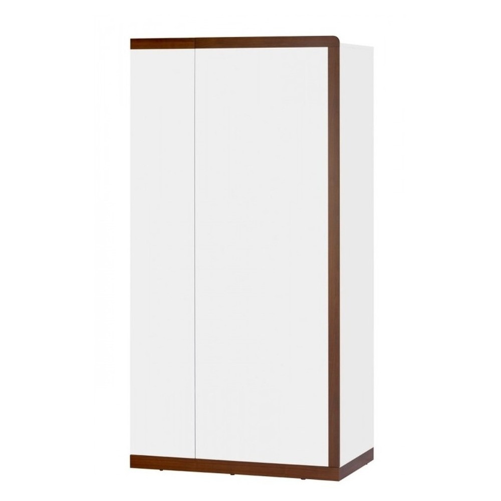 Bílá dvoudveřová šatní skříň s detaily ve dřevěném dekoru Szynaka Meble Malta Bílá dvoudveřová šatní skříň s detaily ve dřevěném dekoru Szynaka Meble Malta