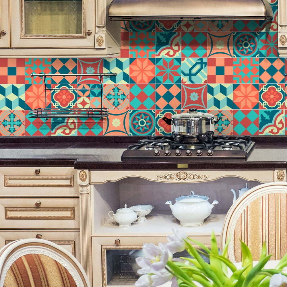 Sada 16 nástěnných samolepek Ambiance Wall Stickers Tiles Azulejos Colorful Vintage Style, 10 x 10 cm
