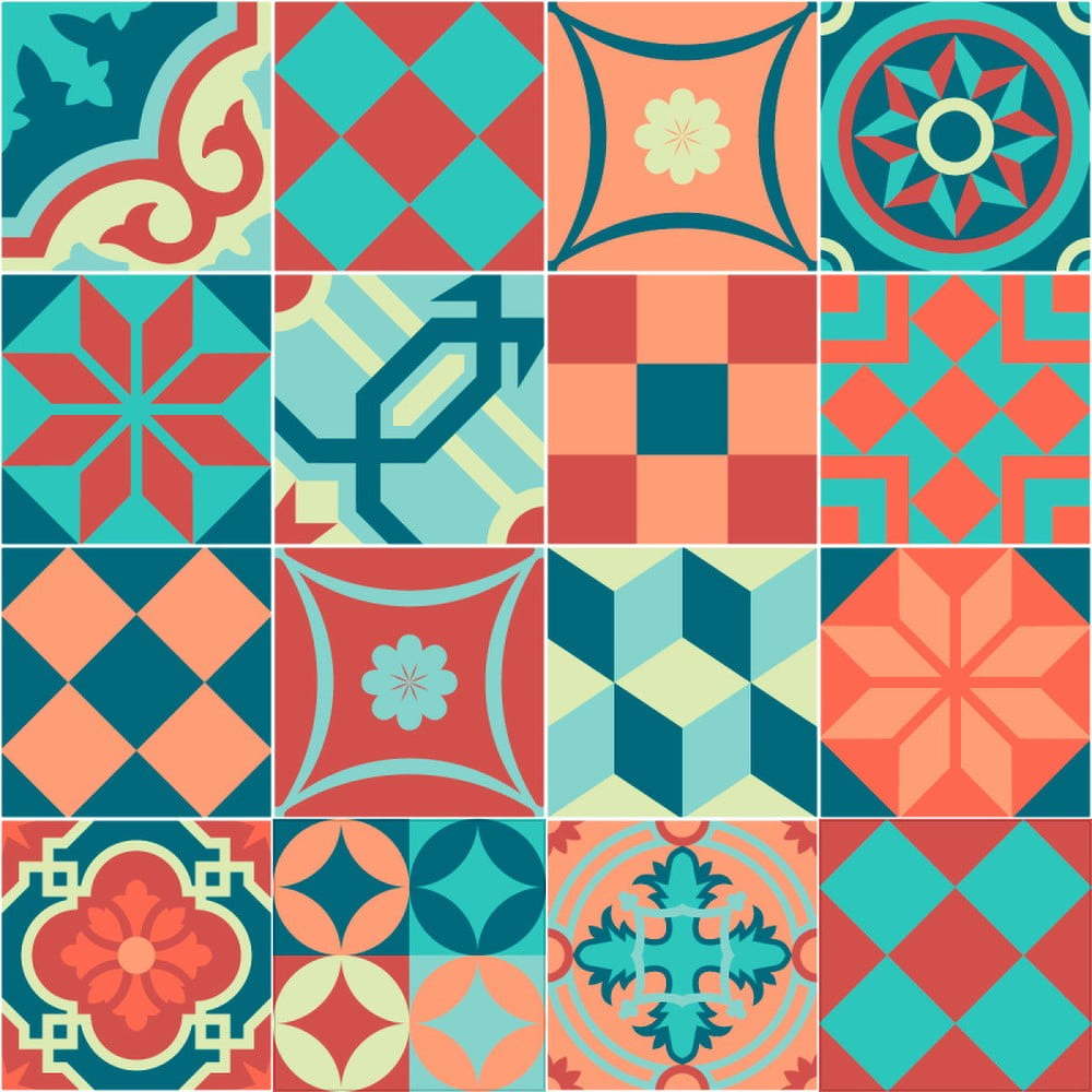 Sada 16 nástěnných samolepek Ambiance Wall Stickers Tiles Azulejos Colorful Vintage Style, 10 x 10 cm