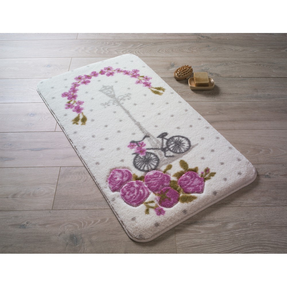 Vzorovaná růžová předložka do koupelny Confetti Bathmats Vintage Bike, 80 x 140 cm